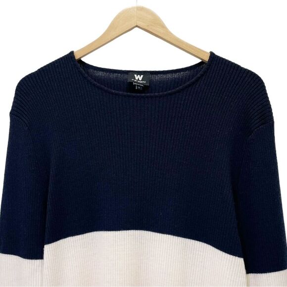 Worth Sweater Women's Size Large 100% Wool Pullover Navy & Ivory Rugby Stripe - Picture 4 of 8